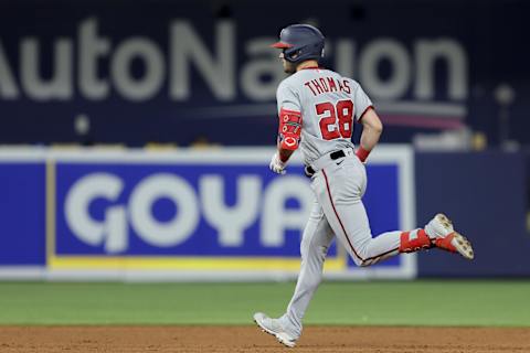 May 16, 2023; Miami, Florida, USA; Washington Nationals right fielder Lane Thomas (28) circles the