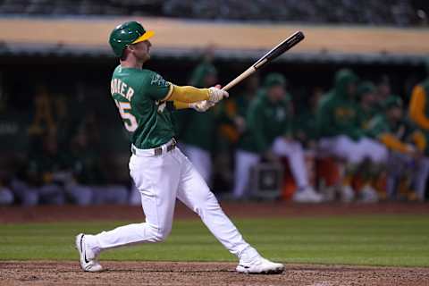 May 12, 2023; Oakland, California, USA; Oakland Athletics left fielder Brent Rooker (25) hits a