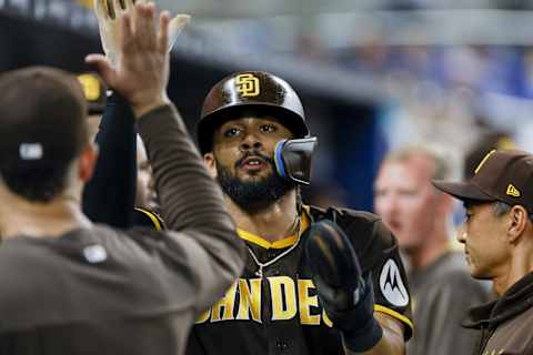 May 30, 2023; Miami, Florida, USA; San Diego Padres right fielder Fernando Tatis Jr. (23) celebrates