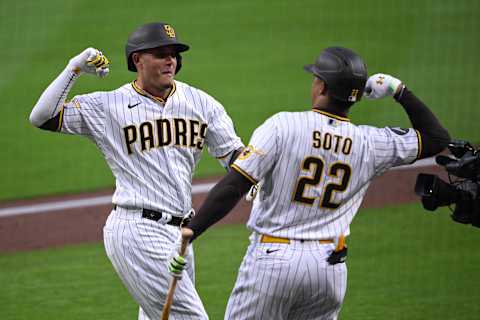 Apr 13, 2023; San Diego, California, USA; San Diego Padres third baseman Manny Machado (left)