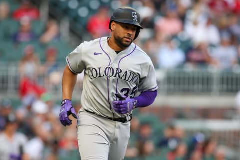 Jun 15, 2023; Atlanta, Georgia, USA; Colorado Rockies catcher Elias Diaz (35) hits a home run