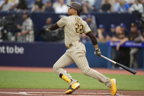 Jul 18, 2023; Toronto, Ontario, CAN;  San Diego Padres left fielder Juan Soto (22) hits a two run