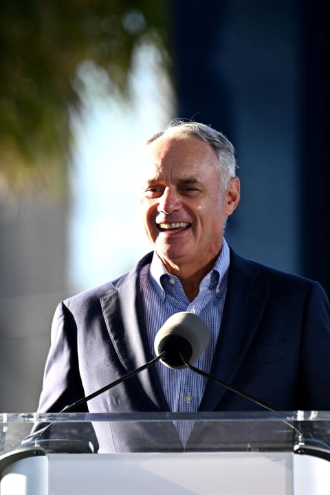 Feb 16, 2023; Dunedin, FL, USA; Major League Baseball commissioner Rob Manfred speaks to the media