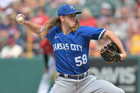 Jul 9, 2023; Cleveland, Ohio, USA; Kansas City Royals relief pitcher Scott Barlow (58) throws a