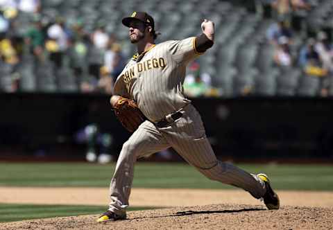 Aug 4, 2021; Oakland, California, USA; San Diego Padres relief pitcher Drew Pomeranz (15) throws a