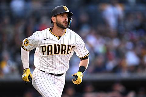 Jun 15, 2023; San Diego, California, USA; San Diego Padres catcher Austin Nola (26) watches his