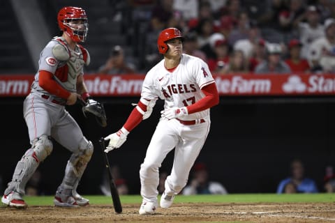 Aug 23, 2023; Anaheim, California, USA; Los Angeles Angels designated hitter Shohei Ohtani (17) hits