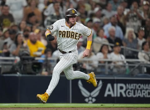 Aug 17, 2023; San Diego, California, USA;  San Diego Padres second baseman Jake Cronenworth (9) runs