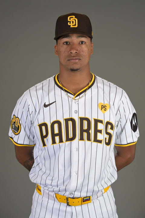 Feb 20, 2024; Peoria, AZ, USA;  San Diego Padres starting pitcher Jairo Iriarte (38) during media