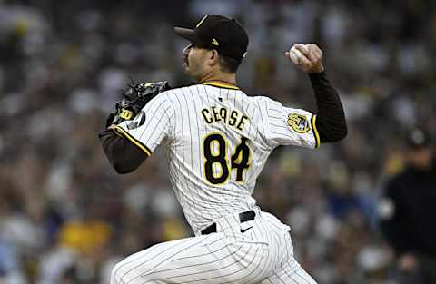 Oct 9, 2024; San Diego, California, USA; San Diego Padres pitcher Dylan Cease (84) throws in the first inning against the Los Angeles Dodgers during game four of the NLDS for the 2024 MLB Playoffs at Petco Park.  Mandatory Credit: Denis Poroy-Imagn Images