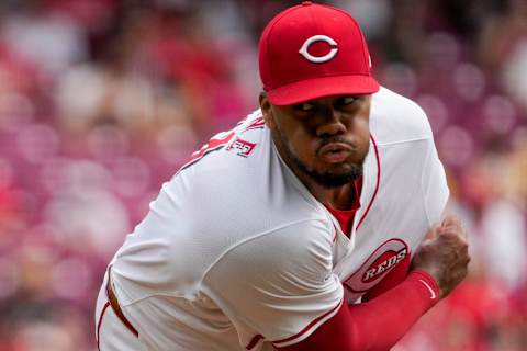 Cincinnati Reds pitcher Hunter Greene (21) follows through on a pitch in the third inning of the MLB National League Game between the Cincinnati Reds and the Pittsburgh Pirates at Great American Ball Park in downtown Cincinnati on Sunday, Sept. 22, 2024. The Pirates led 1-0 after four innings.