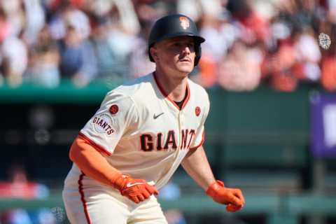 Sep 28, 2024; San Francisco, California, USA; San Francisco Giants infielder Matt Chapman (26) takes a lead from second base against the St. Louis Cardinals during the sixth inning at Oracle Park. Mandatory Credit: Robert Edwards-Imagn Images