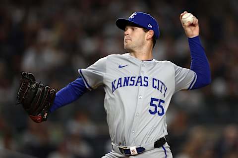 Oct 7, 2024; Bronx, New York, USA; Kansas City Royals pitcher Cole Ragans (55) throws a pitch against the New York Yankees in the first inning during game two of the ALDS for the 2024 MLB Playoffs at Yankee Stadium. Mandatory Credit: Vincent Carchietta-Imagn Images