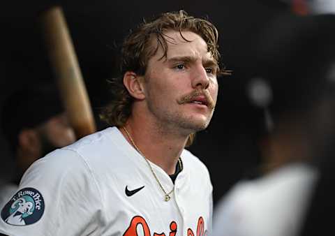 Oct 1, 2024; Baltimore, Maryland, USA; Baltimore Orioles shortstop Gunnar Henderson (2) looks out from the dugout against the Kansas City Royals in game one of the Wild Card round for the 2024 MLB Playoffs at Oriole Park at Camden Yards. Mandatory Credit: Tommy Gilligan-Imagn Images