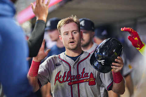 Aug 27, 2024; Minneapolis, Minnesota, USA; Atlanta Braves outfielder Jarred Kelenic (24) celebrates his run against the Minnesota Twins in the tenth inning at Target Field. Mandatory Credit: Brad Rempel-Imagn Images