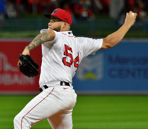 WORCESTER - Pitcher Victor Santos sends one to the plate as the Worcester Red Sox play the Syracuse