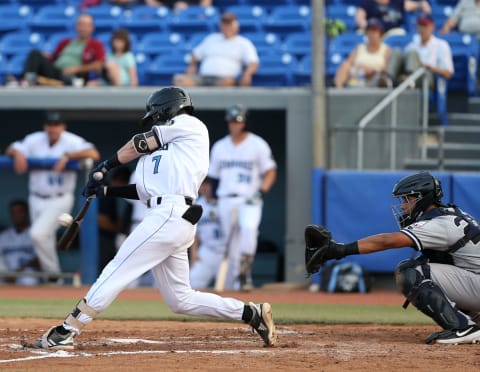 Hudson Valley Renegades Nick Sogard hits a single during Wednesday's game at Dutchess Stadium in