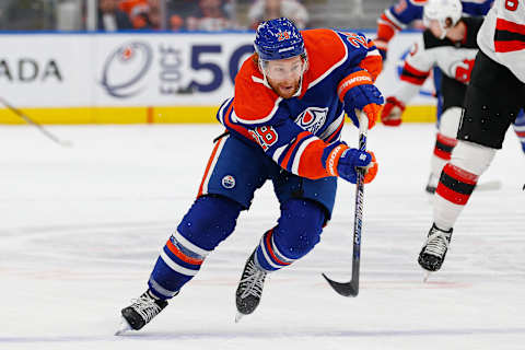 Dec 10, 2023; Edmonton, Alberta, CAN; Edmonton Oilers forward Connor Brown (28) carries the puck up