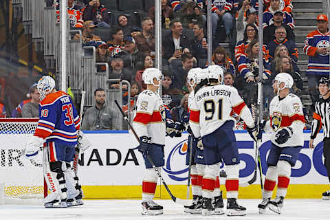 Dec 16, 2023; Edmonton, Alberta, CAN; The Florida Panthers celebrate a goal by forward Carter