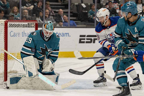 Nov 9, 2023; San Jose, California, USA; San Jose Sharks goaltender Mackenzie Blackwood (29) makes a