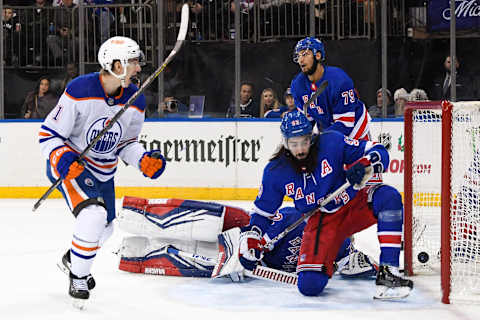 Dec 22, 2023; New York, New York, USA;  Edmonton Oilers center Ryan McLeod (71) celebrates his goal