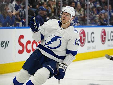 May 4, 2022; Toronto, Ontario, CAN; Tampa Bay Lightning forward Corey Perry (10) taunts the Toronto