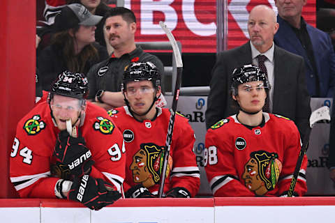 Nov 16, 2023; Chicago, Illinois, USA; Chicago Blackhawks forward Corey Perry (94), forward Philipp