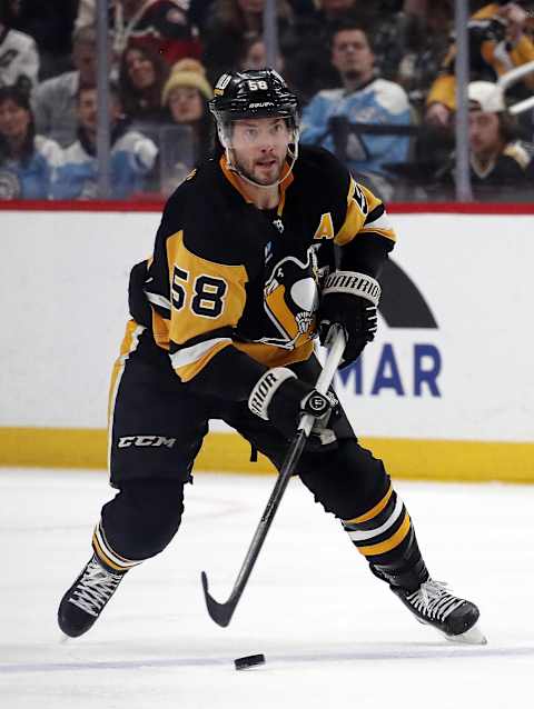 Jan 27, 2024; Pittsburgh, Pennsylvania, USA;  Pittsburgh Penguins defenseman Kris Letang (58)