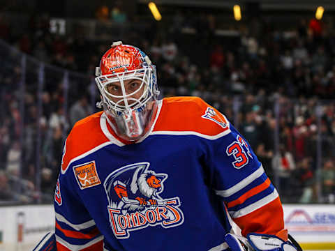 Bakersfield goaltender Olivier Rodrigue (33) 