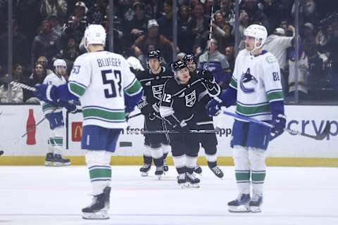 Los Angeles Kings left wing Trevor Moore (12) celebrates goal