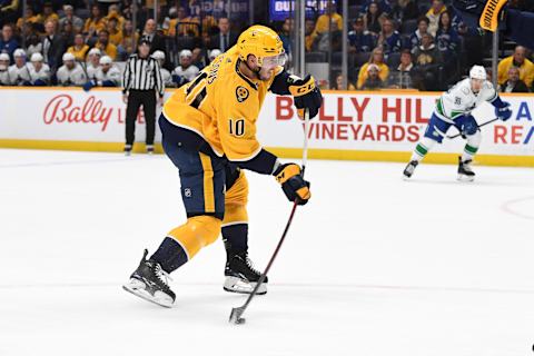 Oct 24, 2023; Nashville, Tennessee, USA; Nashville Predators center Colton Sissons (10) shoots and