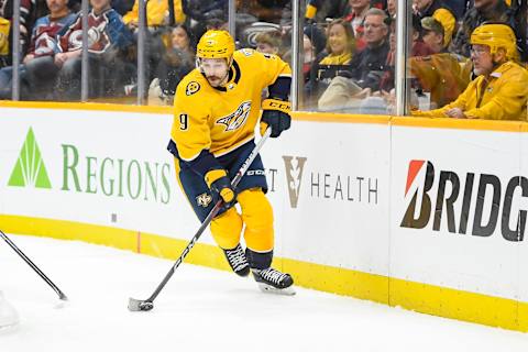 Nov 20, 2023; Nashville, Tennessee, USA;  Nashville Predators left wing Filip Forsberg (9) skates