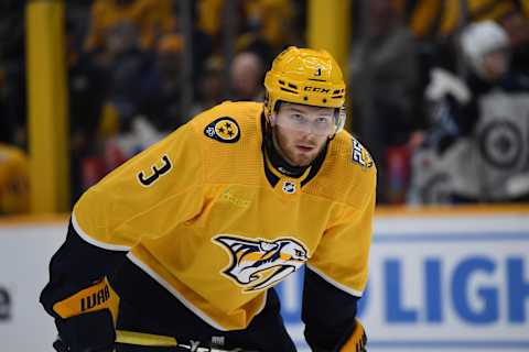 Nov 26, 2023; Nashville, Tennessee, USA; Nashville Predators defenseman Jeremy Lauzon (3) waits for