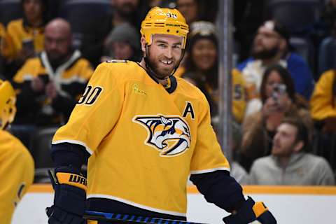 Nov 11, 2023; Nashville, Tennessee, USA; Nashville Predators center Ryan O'Reilly (90) waits for a