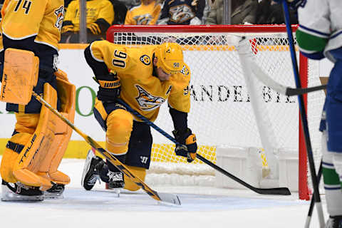 Dec 19, 2023; Nashville, Tennessee, USA; Nashville Predators center Ryan O'Reilly (90) reacts after