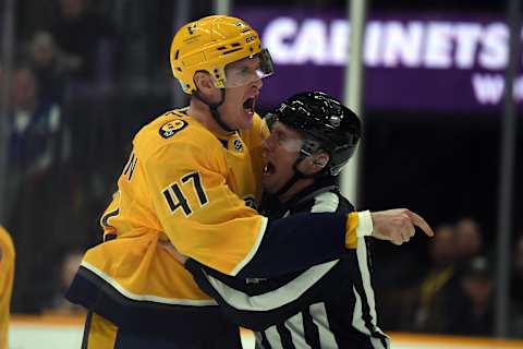 Dec 19, 2023; Nashville, Tennessee, USA; Nashville Predators right wing Michael McCarron (47) is