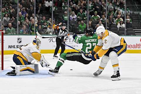 Jan 6, 2024; Dallas, Texas, USA; Dallas Stars left wing Mason Marchment (27) draws a penalty shot as