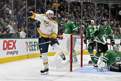 Jan 6, 2024; Dallas, Texas, USA; Nashville Predators left wing Filip Forsberg (9) celebrates after