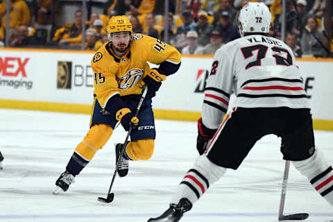 Jan 2, 2024; Nashville, Tennessee, USA; Nashville Predators defenseman Alexandre Carrier (45) skates