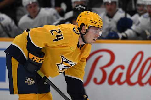 Sep 27, 2023; Nashville, Tennessee, USA; Nashville Predators defenseman Spencer Stastney (24) waits