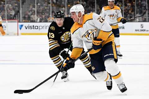 Oct 14, 2023; Boston, Massachusetts, USA; Nashville Predators defenseman Tyson Barrie (22) controls