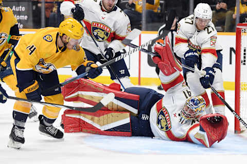 Jan 22, 2024; Nashville, Tennessee, USA; Florida Panthers goaltender Anthony Stolarz (41) makes a