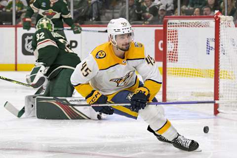 Jan 25, 2024; Saint Paul, Minnesota, USA; Nashville Predators defenseman Alexandre Carrier (45)