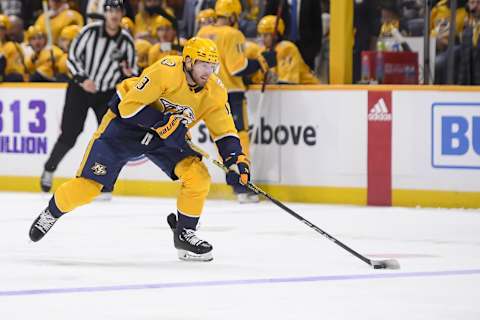 Nov 22, 2023; Nashville, Tennessee, USA; Nashville Predators center Yakov Trenin (13) skates against