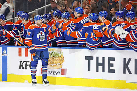 Feb 23, 2024; Edmonton, Alberta, CAN; The Edmonton Oilers celebrate a goal scored by forward Leon