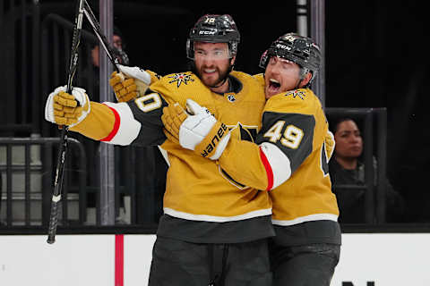 Feb 6, 2024; Las Vegas, Nevada, USA; Vegas Golden Knights center Nicolas Roy (10) celebrates with