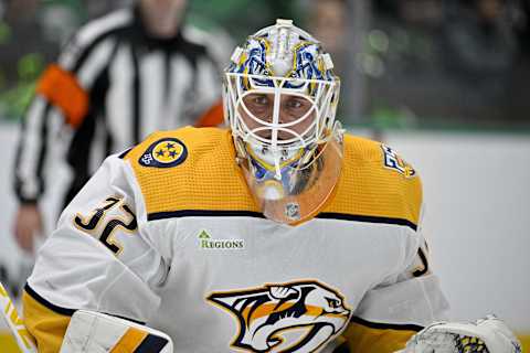 Jan 12, 2024; Dallas, Texas, USA; Nashville Predators goaltender Kevin Lankinen (32) faces the