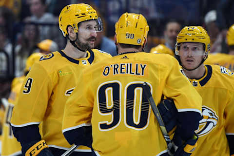 Mar 5, 2024; Nashville, Tennessee, USA; Nashville Predators center Ryan O'Reilly (90) talks with