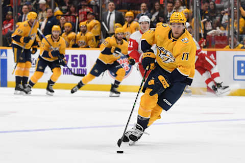 Mar 23, 2024; Nashville, Tennessee, USA; Nashville Predators center Mark Jankowski (17) skates the