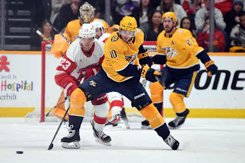 Mar 23, 2024; Nashville, Tennessee, USA; Nashville Predators center Colton Sissons (10) defends